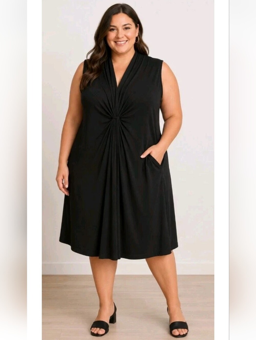 Jaclyn Smith Women’s Plus Size 3X Black Sleeveless Midi Dress Knot Front Pockets